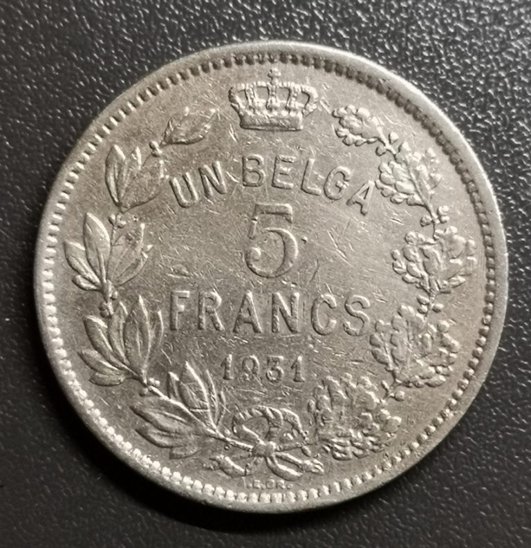 5 francs = 1 belga  Albert I en français 1931.  Achat Or en Belgique